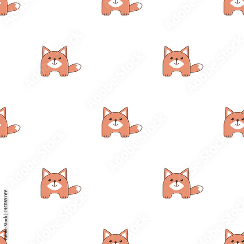 Seamless vector pattern with cute ginger cartoon fox in flat style. Baby semicircular cub of fox, front view, is looking at you and smiling, nice simple background for kids with funny animal, fox.