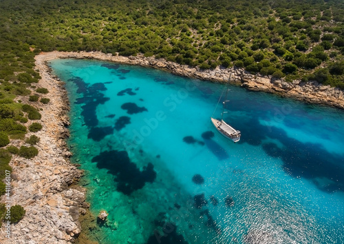 View from drone of the idyllic coast of the uninhabited island of Skantzoura in the Northern Sporades