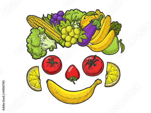 Vegan face made of vegetables and fruits sketch engraving vector illustration. T-shirt apparel print design. Scratch board imitation. Black and white hand drawn image.