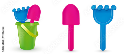 Sandbox toys. Baby bucket, rake, scapula. Set of buckets and dustpan. For playing in the sandbox for children. Colorful children toys isolated on white background.