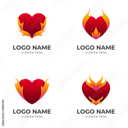 set love passion logo, heart and fire, combination logo with 3d red and orange color style
