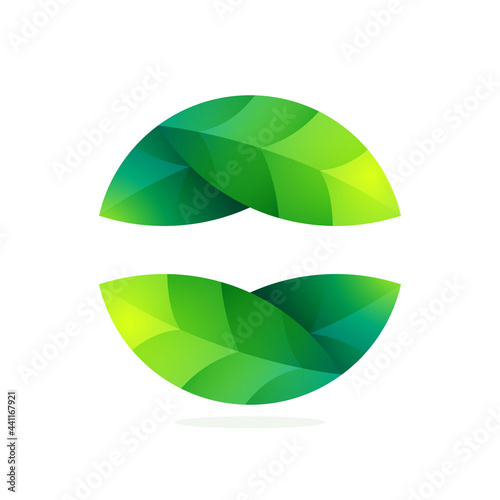 Ecology sphere logo made of twisted green leaves.