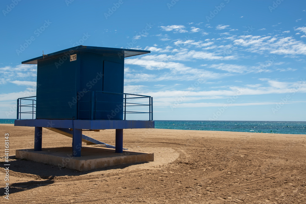 Closed lifeguard surveillance post at Bolnuevo beach, Alicante, Spain.