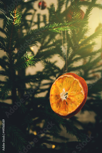 Holiday decorations, Christmas diy tree toy - dried orange slice. Background for your winter ideas