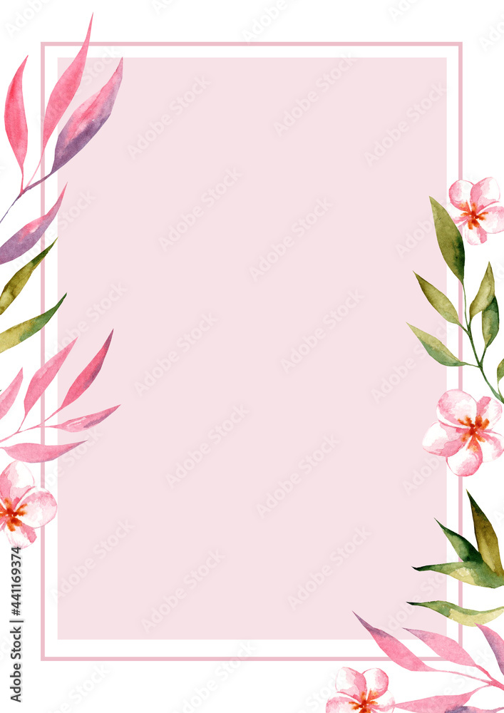 Summer tropical palm leaves with exotic flamingo and hibiscus flowers. Watercolor templates. Design element for cards, posters, banners and other purposes.