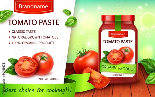 Realistic Detailed 3d Tomato Paste Classic Taste Ads Banner Concept Poster Card. Vector