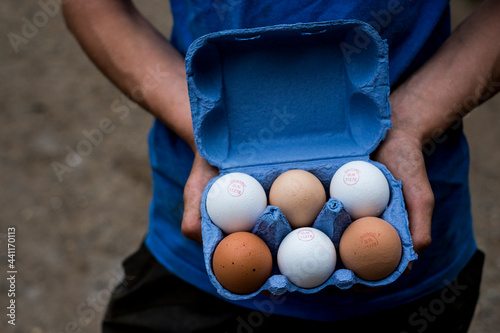 Close up of person holding blue carton of brown and white eggs. photo