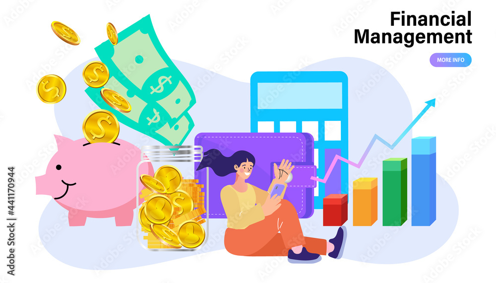Obraz premium Achieving financial freedom and wealth growth through smart money management. A concept of economic success where a woman controls budget via app, with a rising graph, calculator and piggy bank.