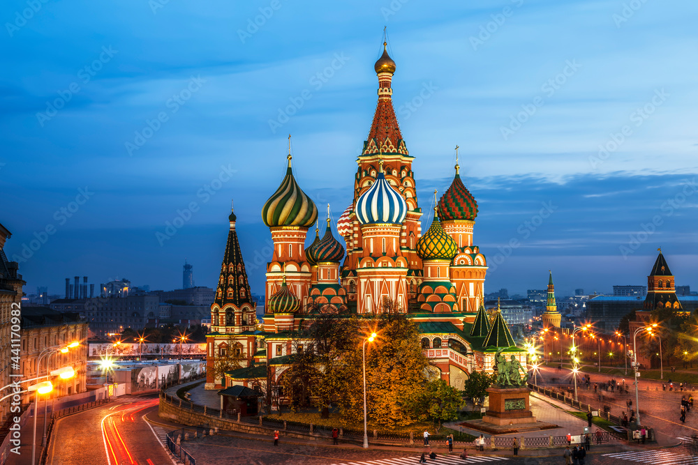 Top view of Red Square with St. Basil's Cathedral (Pokrovsky Cathedral) in the evening. Moscow, Russia