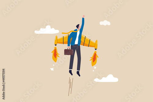 Ambition or aspiration to success in work, career growth or boost business development, entrepreneur launch new startup project concept, happy businessman flying high with jetpack rocket booster. photo