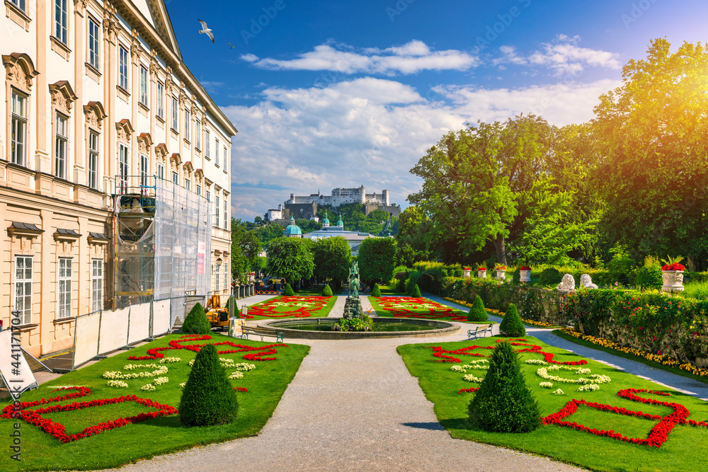 Beautiful View Of Famous Mirabell Gardens With The Old Historic 