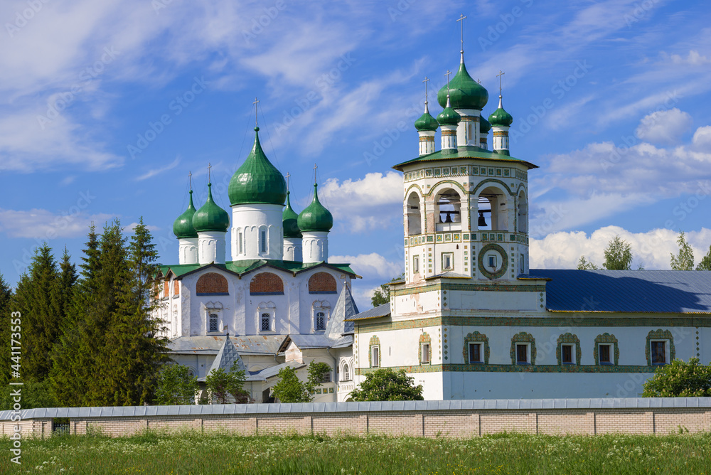 Temples of Nikolo-Vyazhischsky monastery on a sunny June day. Vyazhischi, Novgorod region. Russia