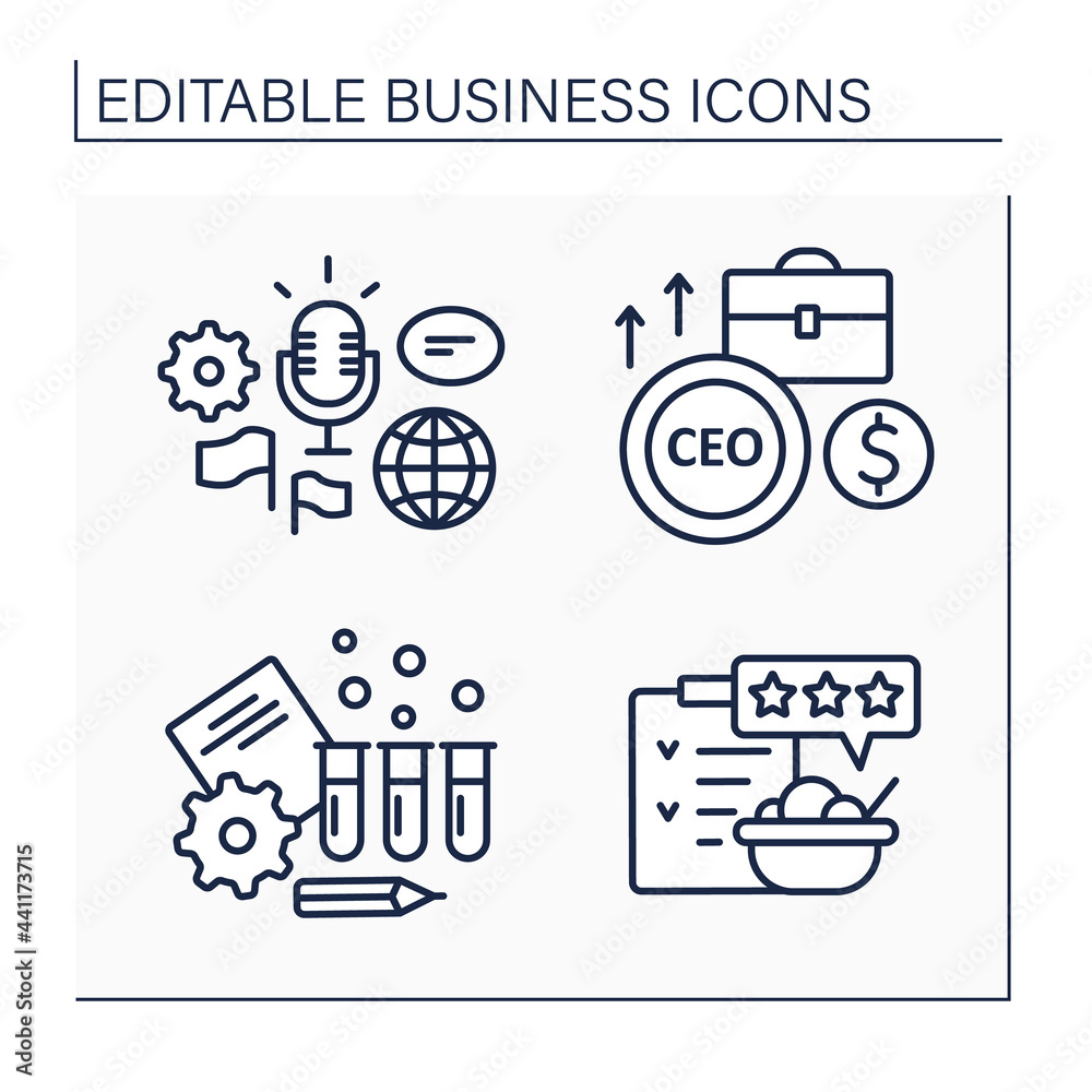 Business line icons set. Global forum, rating and testing. Chief executive officer. Business idea concept. Isolated vector illustrations.Editable stroke Business line icons set. Global forum, rating and testing. Chief executive officer. Business idea concept. Isolated vector illustrations.Editable stroke