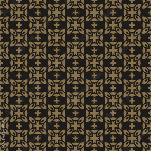 Background pattern with simple mosaic ornament on a black background, wallpaper. Seamless pattern, texture