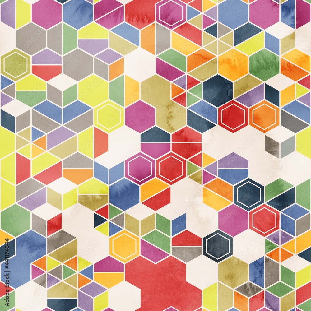 Seamless pattern of hexagons in random colors in watercolor. High quality illustration. Tile mosaic arrangement of triangles, trapezoids, and hexagons, in honeycomb arrangement. Design for print.