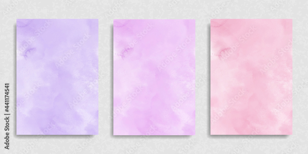Set of pink purple violet watercolor wet brush paint liquid paper texture vector card for text design, label, tag. Abstract aquarelle warm color hand drawn vivid soft background element for wallpaper