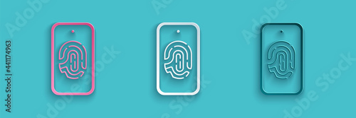 Paper cut Smartphone with fingerprint scanner icon isolated on blue background. Concept of security, personal access via finger on mobile. Paper art style. Vector
