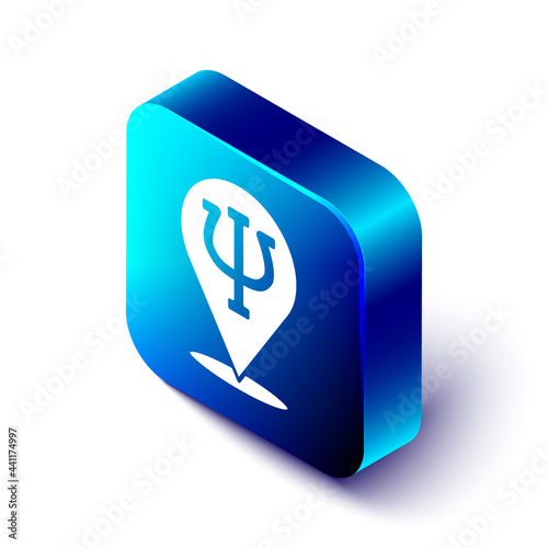 Isometric Psychology icon isolated on white background. Psi symbol. Mental health concept, psychoanalysis analysis and psychotherapy. Blue square button. Vector
