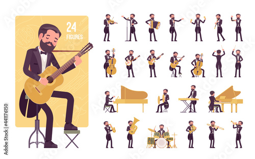 Musician, man playing music, musical instruments, character set, pose sequences. Grand piano, guitar, double bass, drum, violin orchestra. Full length, different views, gestures, emotions, position