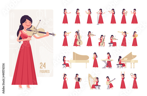 Musician, woman playing music, musical instruments, character set, pose sequences. Harp, grand piano, guitar, double bass, violin orchestra. Full length, different views, gestures, emotions, position