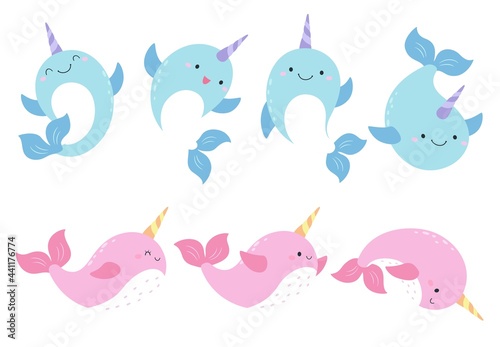 Eight narwhals have different movements, standing or swimming or wagging their tails