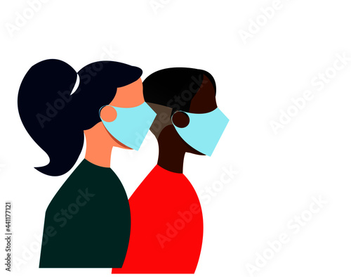 We care. People in mask. Virus protection mask. Face mask vector. people wearing masks. Coronavirus protection. Covid 19 protection. Vector composition for presentations and marketing
