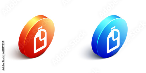 Isometric Plastic bottle for laundry detergent, bleach, dishwashing liquid or another cleaning agent icon isolated on white background. Orange and blue circle button. Vector