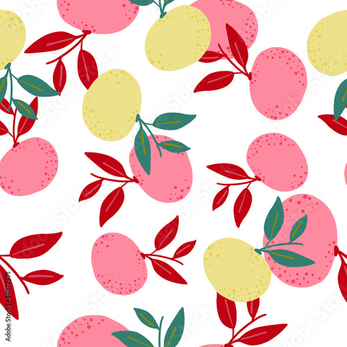 Vitamin seamless pattern with pink random mandarins shapes. Isolated background. Simple style.