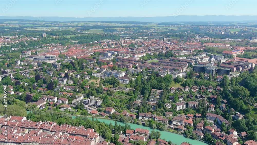 Bern: Aerial view of capital city of Switzerland, modern urban residential suburb with lots of greenery - landscape panorama of Europe from above Bern: Aerial view of capital city of Switzerland, modern urban residential suburb with lots of greenery - landscape panorama of Europe from above
