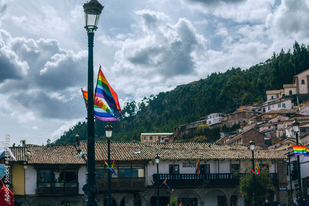 Cusco main square with national flags