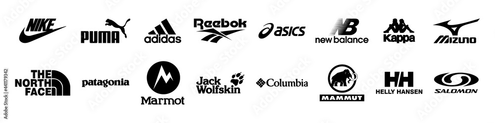 Outdoor sport clothes brand logo set. Editorial image. VINNITSIA ...