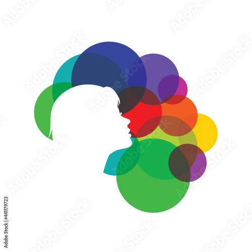 Beautiful woman abstract silhouette with colorful circle bubble on white background 