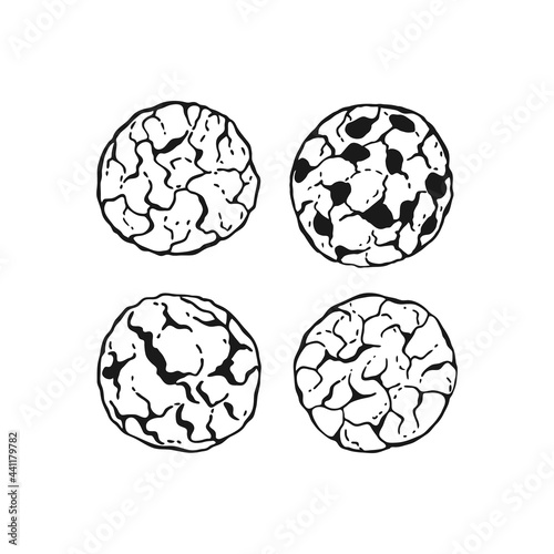 Round oatmeal cookies. Homemade biscuits. Hand drawn black and white vector illustration.