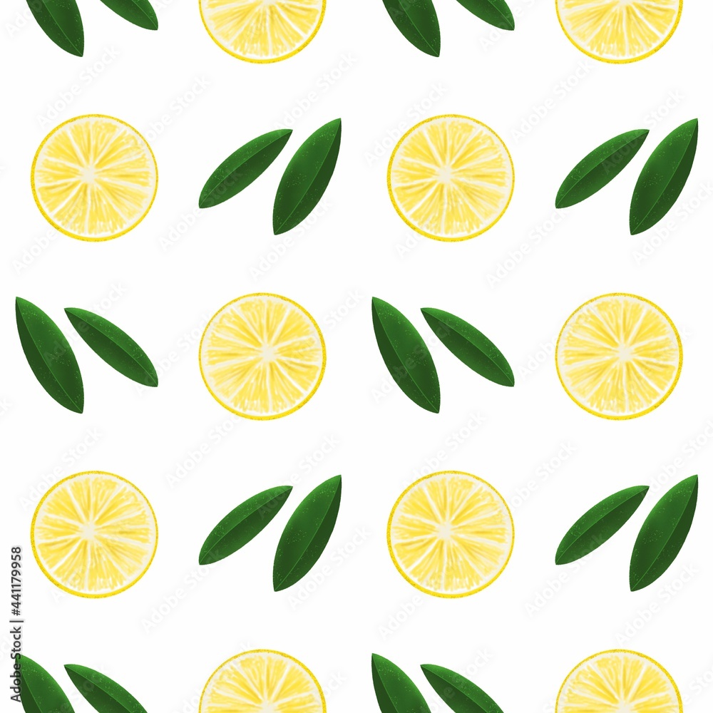 Set of lemons, leaves, lemon slices. Raster pattern of lemons. Elements for wallpaper, posters, printing, cards. Hand drawn set of citrus fruits.