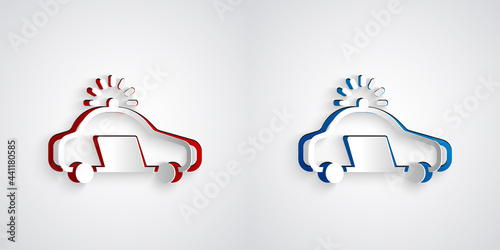 Paper cut Police car and police flasher icon isolated on grey background. Emergency flashing siren. Paper art style. Vector