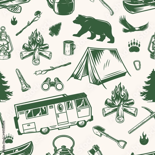 Camping vintage monochrome seamless pattern
