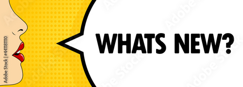 Whats new. Female mouth with red lipstick screaming. Speech bubble with text Whats new. Retro comic style. Can be used for business, marketing and advertising. Vector EPS 10