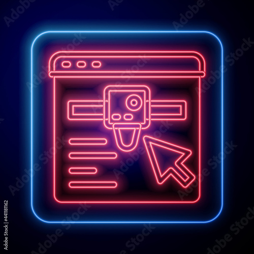 Glowing neon 3D printer setting icon isolated on black background. 3d printing. Vector