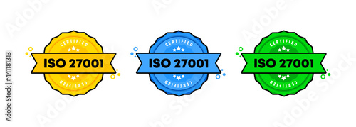 ISO 27001 stamp. Vector. ISO 27001 badge icon. Certified badge logo. Stamp Template. Label, Sticker, Icons. Vector EPS 10. Isolated on white background