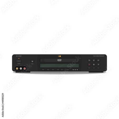 DVD player with hi-fi video and high quality video. DVD player and recorder. Realistic vector video player image. DVD disk black player for hi-fi rack setup.