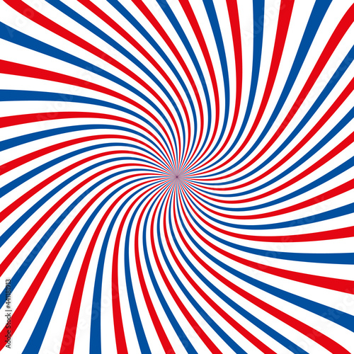 Red white and blue stripes. Sunburst spiral. Vector background.