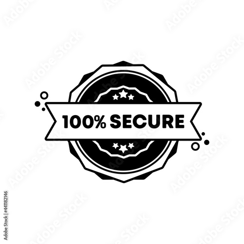 100 percent secure stamp. Vector. 100 percent secure badge icon. Certified badge logo. Stamp Template. Label, Sticker, Icons. Vector EPS 10. Isolated on white background