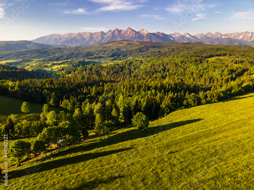 Green Meadows at Lapszanka in High Tatras  Poland Aerial Drone View