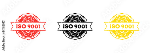 ISO 9001 stamp. Vector. ISO 9001 badge icon. Certified badge logo. Stamp Template. Label, Sticker, Icons. Vector EPS 10. Isolated on white background