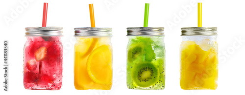 Fotografie Bright Colorful refreshing summer drinks in mason jars with lid and straws isola