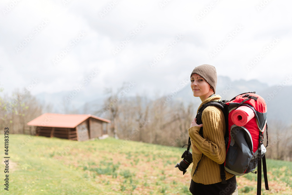 Thoughtful traveling woman in highlands Thoughtful traveling woman in highlands