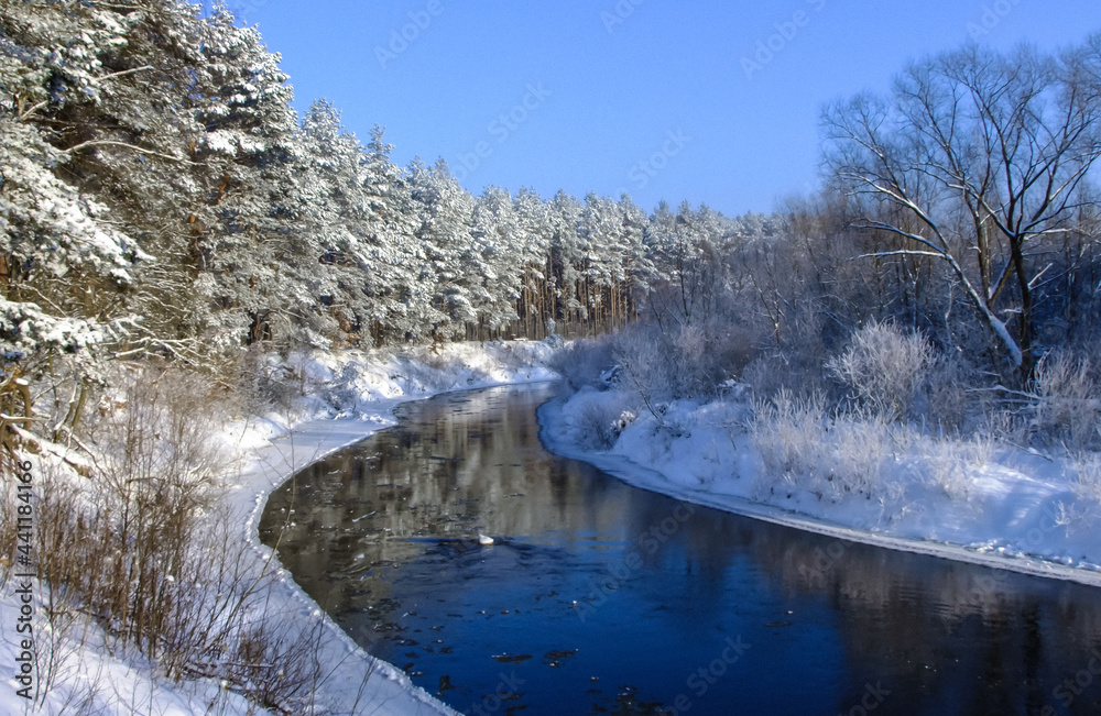 The bend of the Tanew river in winter scenery.