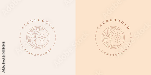 Female portrait as moon crescent logo emblem design template vector illustration in minimal line art style