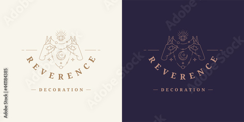 Magic hands with moon crescent logo emblem design template vector illustration in minimal line art style
