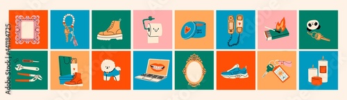 Various Icons. Logo templates. Boots, sport shoes, keychains, mirror frames, matches, tools, dog, laptop, candles, phone. Lifestyle concept. Hand drawn Vector illustrations. All elements are isolated